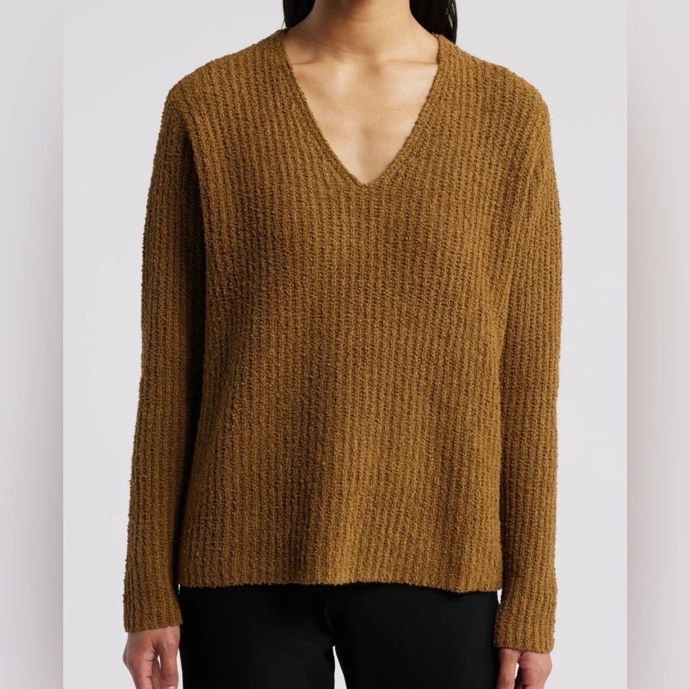 Eileen Fisher Women’s Organic Cotton Cashmere Fluff V-Neck Sweater Gold Leaf NWT